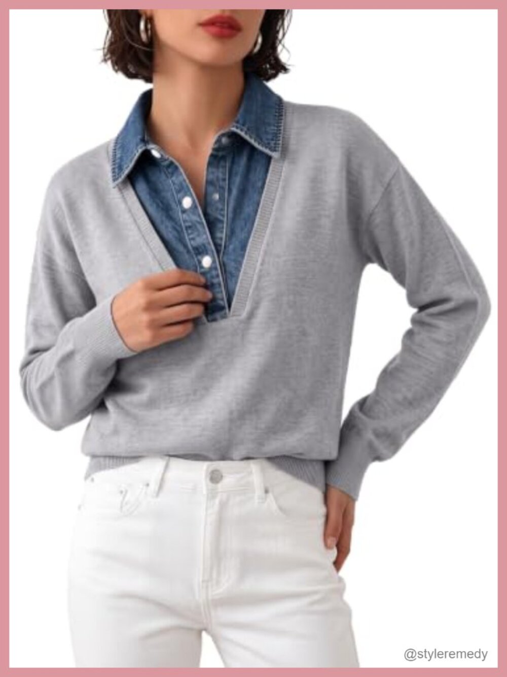Women's Long Sleeve V-Neck Denim Lapel Pullover Sweater, Faux Layered Knit